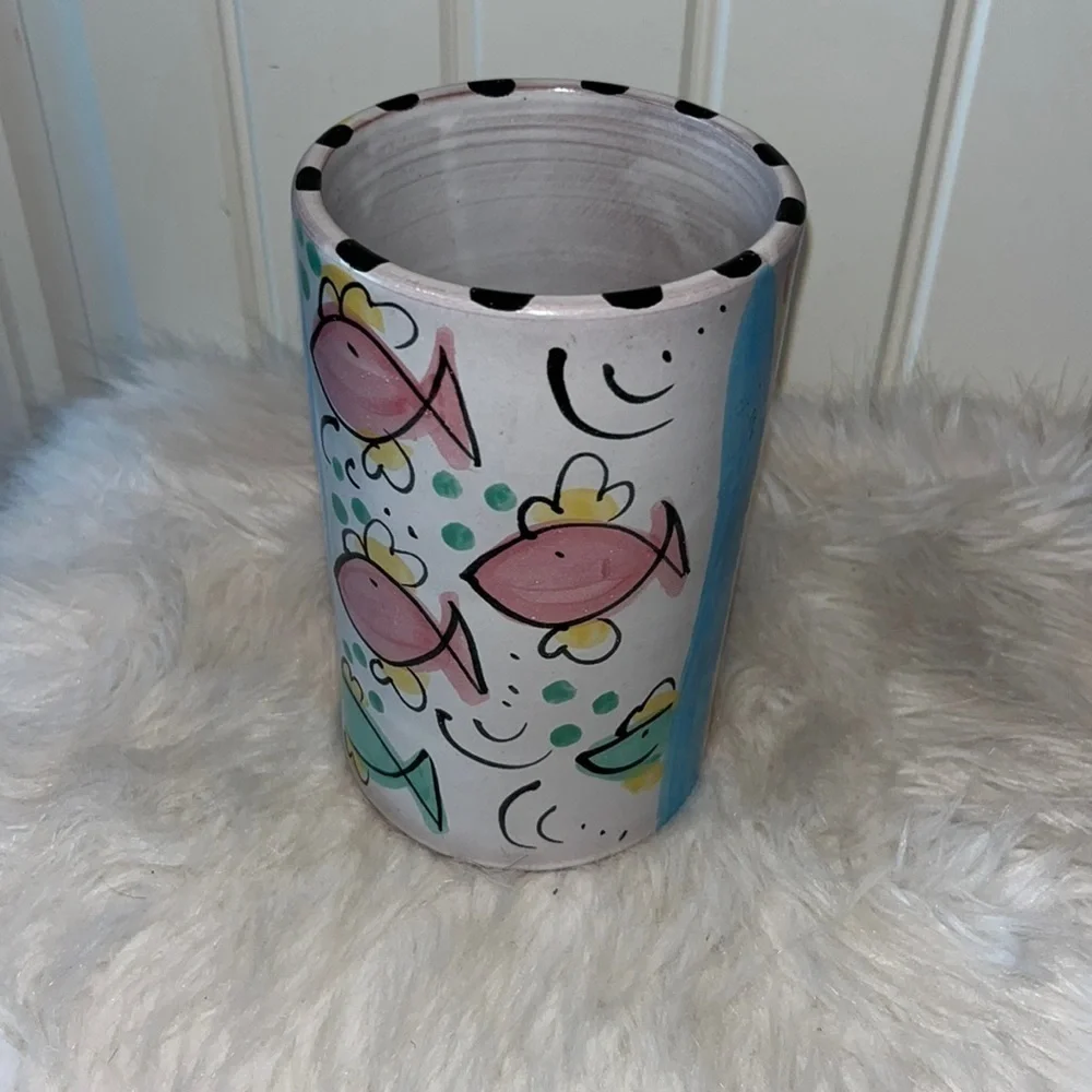 ART pottery signed pastel fish vase lake house/beach house decor whimsical
